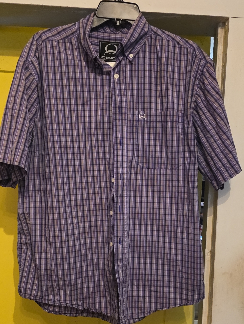 Cinch Men's Purple Plaid Short Sleeve Button-Down Shirt - Logo Chest Pocket